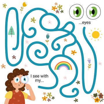 Labyrinth maze game for kids - Sight. I see with my eyes. Five senses learning activity page