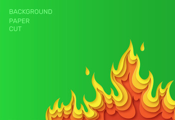 Green poster with fire. Layered design in paper style. Place for text. Vector illustration