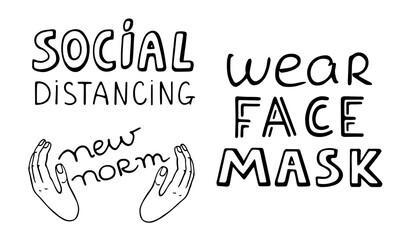 New normal lettering set. Hand drawn black phrase Social Distancing Wear Face Mask. Handwritten text for social media poster postcard. Stock vector illustration isolated on white background