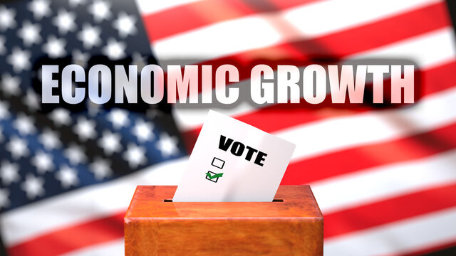 Economic growth and voting in the USA, pictured as ballot box with the American flag and a phrase Economic growth to symbolize that Economic growth is related to the elections, 3d illustration