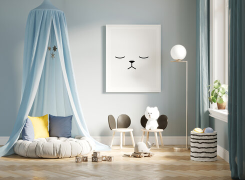 3d Blue Interior Mock Up Frame In Newborn Room, A  Frame, Mouse Chairs And A Blue Canopy. Scandinavian Baby Room Design
