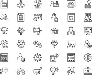 business vector icon set such as: excel, help, policy, comment, application, conceptual, atom, monitoring, effective, ask, science, month, black, basket, protect, model, presenter, appointment