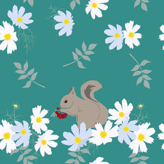 Seamless vector illustration with delicate flowers and a squirrel.