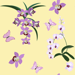 Seamless vector illustration with gentle orchids and butterflies