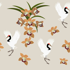 Seamless vector illustration with orchids and birds cranes