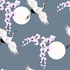 Seamless vector illustration with orchids and birds cranes
