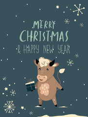 Fototapeta premium Christmas,Happy New Year Greeting Card.Cute Cartoon Bull with Gift. Cow Chinese 2021 Symbol.Holiday Animal.Winter Snowflake Atmosphere.Festive Design of Calendar,Cards, Advertising.Vector illustration