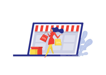 Discount online Shopping.  Woman happy shop on laptop computer  on black friday shop Flat Vector Illustration