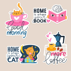 Stickers and labels with funny trendy elements and cats