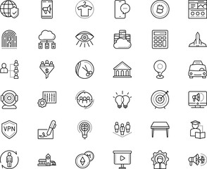 business vector icon set such as: electricity, hr, secured, ship, cooperation, finger, contact, arrow, thinking, pin, scanner, photo, shuttle, hosting server, column, protocol, call, antivirus, hair
