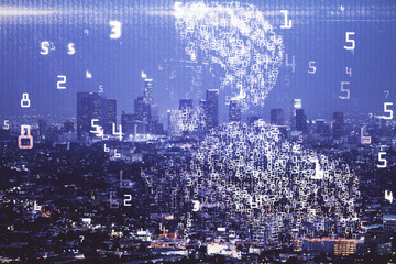 Fototapeta na wymiar Double exposure of technology theme hologram and cityscape background. Concept of Hightech.