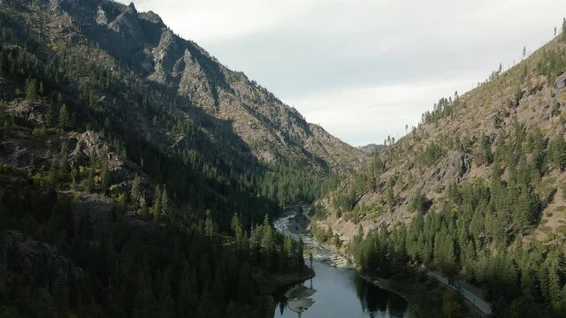 Stunning Nature Road Trip Aerial Flying in Tumwater Canyon Over Mountain River