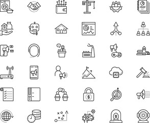 business vector icon set such as: center, meeting, fixed, debating, statistics, infrastructure, label, creative, film, conversion, group, mortgage, robot, machinery, dry, gavel, clip, review, movie
