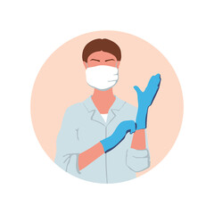 Woman doctor in a medical mask puts on gloves. Vector illustration in nice natural colors.  It can be used as icon for beauty and SPA site, blogs of cosmetologist