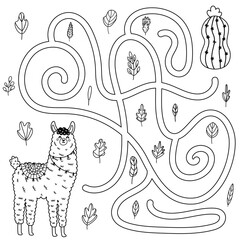 Help the cute llama to get to the cactus. Black and white maze game for kids