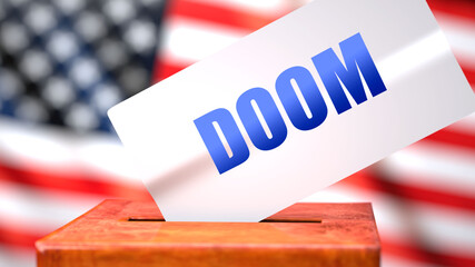 Fototapeta na wymiar Doom and American elections, symbolized as ballot box with American flag in the background and a phrase Doom on a ballot to show that Doom is related to the elections, 3d illustration