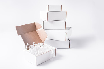 Set of different white cardboard, carton flat boxes on background