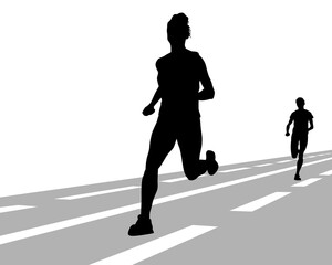 Young athletes run a marathon. Isolated silhouettes on white background