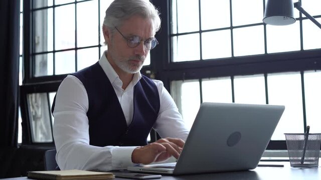 Grey-haired businessman working on a laptop. Serious mature man in elegant suit typing on a computer while sitting in office