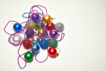 Christmas balls on a white background, top view, new year, Christmas decorations, holiday, christmas.