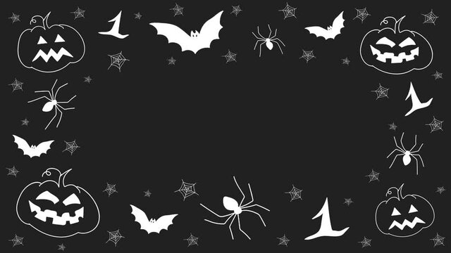 White halloween hand drawn doodles stop motion animation, with pumpkins, spiders and bats, on a black background