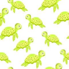 Seamless pattern with cute funny turtles isolated on white background   Flat cartoon style. Vector illustration. For packaging paper, banner, textile 