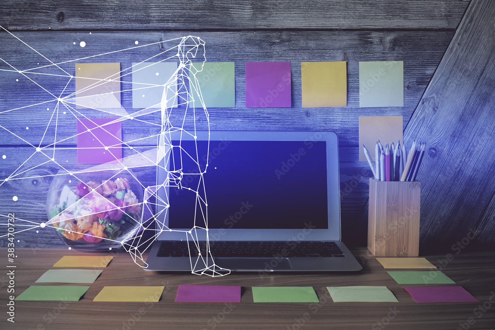 Poster Desktop computer background in office and start up theme hologram drawing. Double exposure. Startup concept.