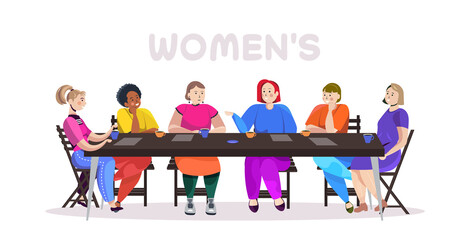 mix race women discussing during meeting at round table female empowerment movement girl power union of feminists concept horizontal full length vector illustration
