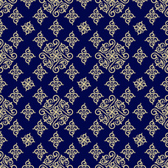 Seamless blue background with beige pattern in baroque style. Vector retro illustration. Islam, Arabic, Indian, ottoman motifs. Perfect for printing on fabric or paper.