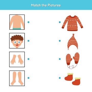 Clothes and body parts matching game for kids. Join each picture of clothing to part of body