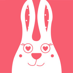 Funny rabbit in love on red background. Cute cartoon bunny for kids.