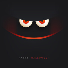 Happy Halloween Card Template - Creepy Face with Glowing Eyes and Scary Smile in the Dark - Vector Illustration