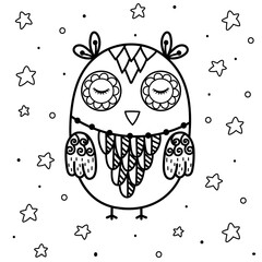 Cute sleeping owl coloring page. Black and white print with funny animal