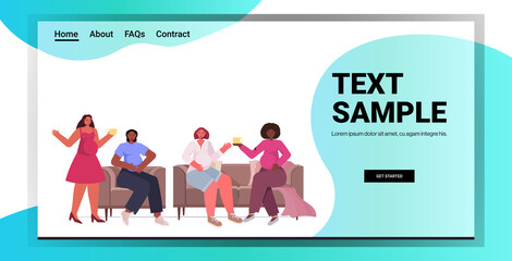 mix race women discussing during meeting female empowerment movement girl power union of feminists concept horizontal full length copy space vector illustration