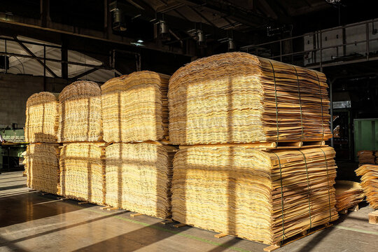 Stocked Wooden Veneer For Plywood And Furniture Production In Industrial Plant Shop