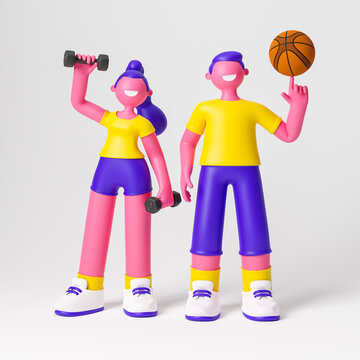 Cute happy young girl with dumbbells and boy with basketball ball. Outdoor healthy sport activity, extreme sport and lifestyle. 3d illustration.