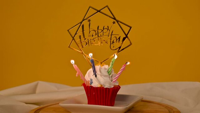 red Cupcake with bow and candle - happy birthday card Holidays greeting card.