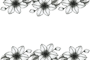 vintage black floral frame with hand drawn clematis flowers, black ink floral frame design for wedding invites, mothers day or celebrations