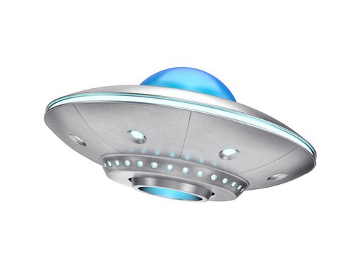 UFO unidentified flying object metal glowing on a white background, 3D render