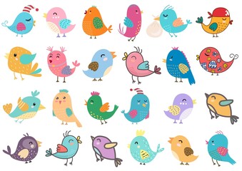 Naklejka premium Cute birds big set. Clipart bundle with funny colorful birds. Isolated elements