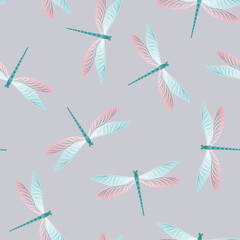 Dragonfly childish seamless pattern. Summer clothes fabric print with damselfly insects. Garden 