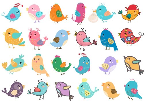 Cute birds big set. Clipart bundle with funny colorful birds. Isolated elements