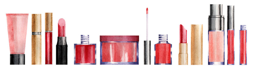 Watercolor set of cosmetics: lipstick, varnish, lip gloss, etc. in pink and gold shades.