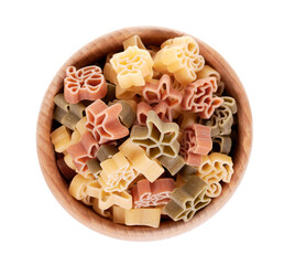Colored fresh and raw pasta in wooden bowl. Isolated on white background.