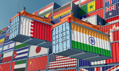 Freight containers with India and Bahrain flag. 3D Rendering