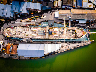 Aerial panorama of Bristol with SS Great Britain ship