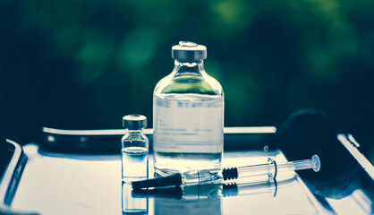 Medication drug needle syringe drug, medical Vaccine vial hypodermic injection treatment disease care in hospital and prevention illness. selective focus.