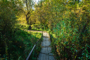 Small rustic bridge across river in autumn morning. Autumn landscape.