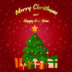 Naklejka premium Christmas tree with New Year decorations. Various boxes with gifts. Vector illustration. For cards, flyers and backgrounds