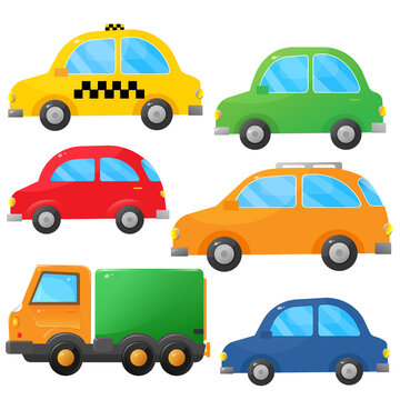 Color images of cartoon cars on white background. Taxi, passenger cars and truck. Transport or vehicle. Vector illustration set for kids.